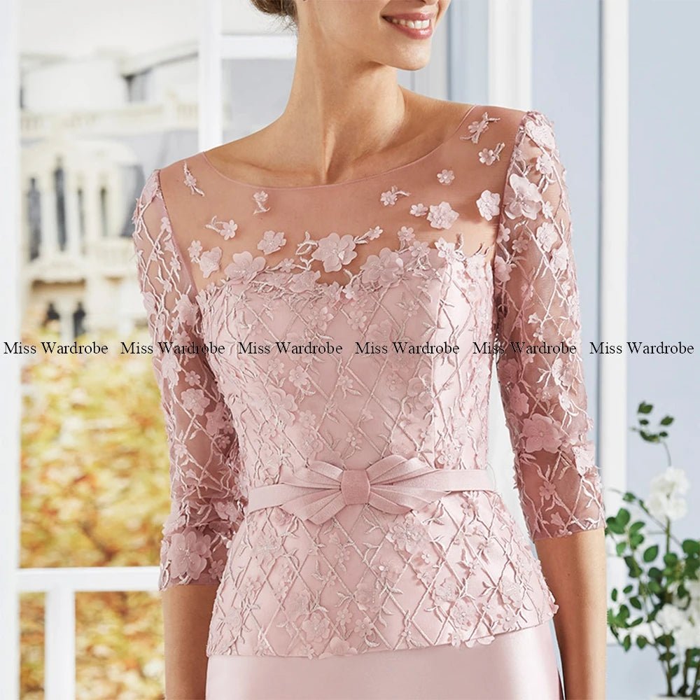 Elegant Wedding Guest Party Gown For Women 3/4 Sleeves Mother Of The Bride Dresses Lace Knee Length Formal Scoop Neck Flower - Luzilly Bridal & Apparel