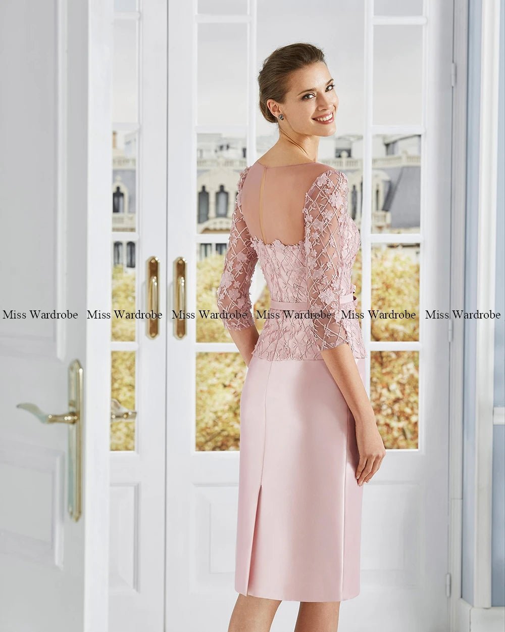 Elegant Wedding Guest Party Gown For Women 3/4 Sleeves Mother Of The Bride Dresses Lace Knee Length Formal Scoop Neck Flower - Luzilly Bridal & Apparel