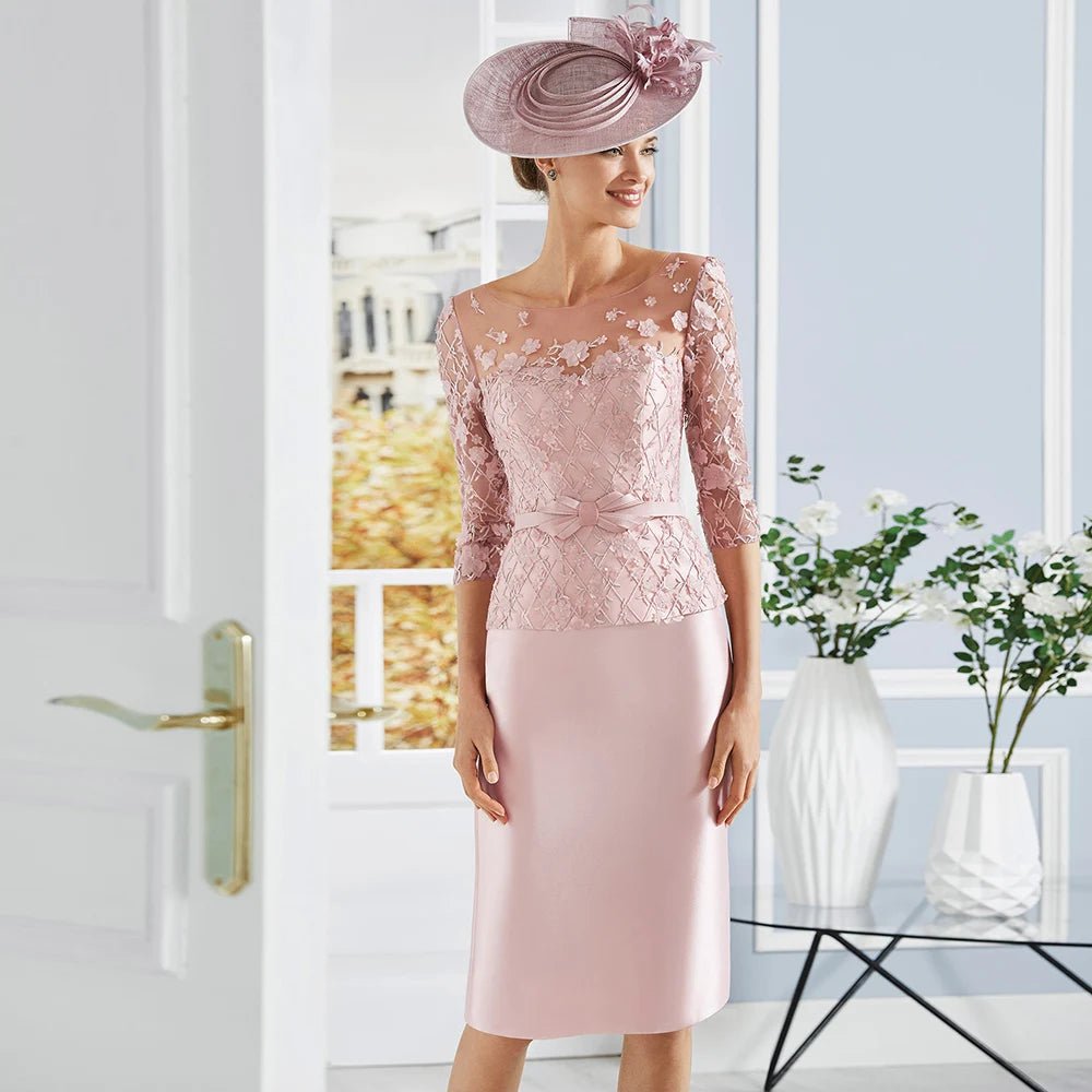 Elegant Wedding Guest Party Gown For Women 3/4 Sleeves Mother Of The Bride Dresses Lace Knee Length Formal Scoop Neck Flower - Luzilly Bridal & Apparel