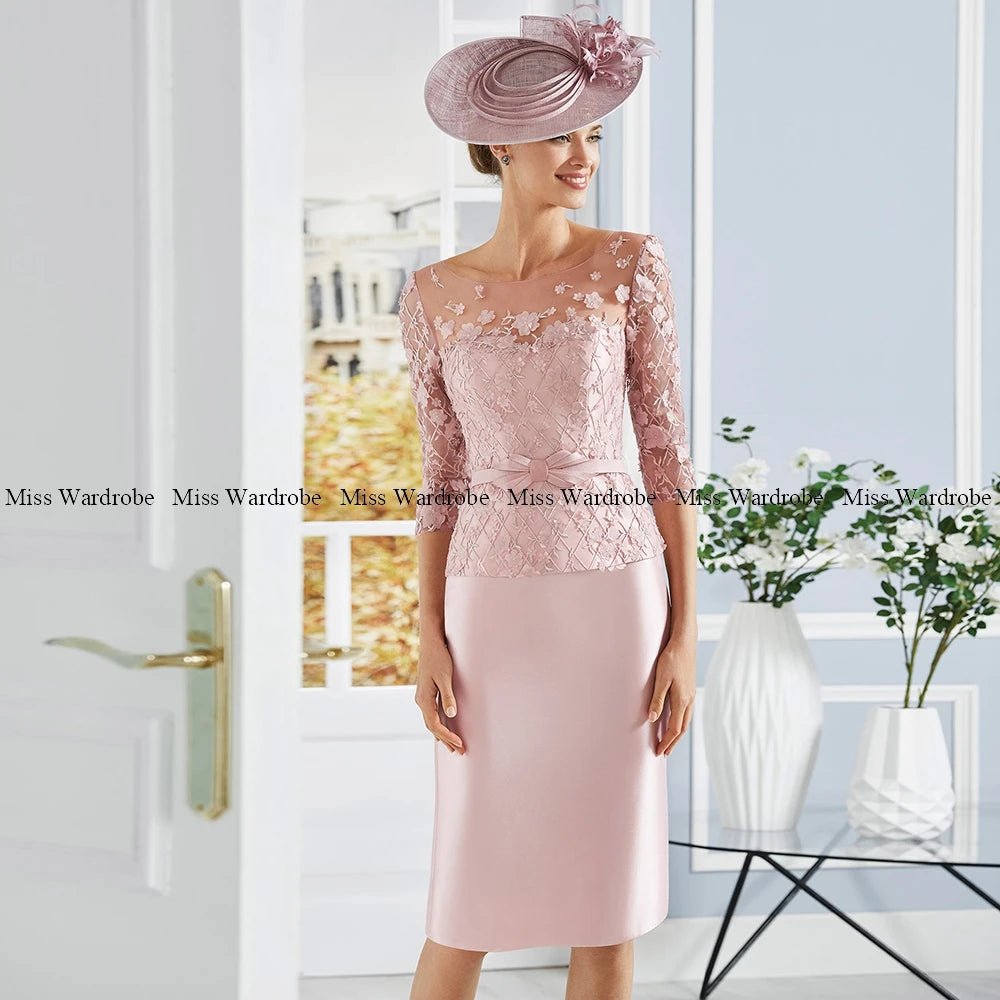 Elegant Wedding Guest Party Gown For Women 3/4 Sleeves Mother Of The Bride Dresses Lace Knee Length Formal Scoop Neck Flower - Luzilly Bridal & Apparel