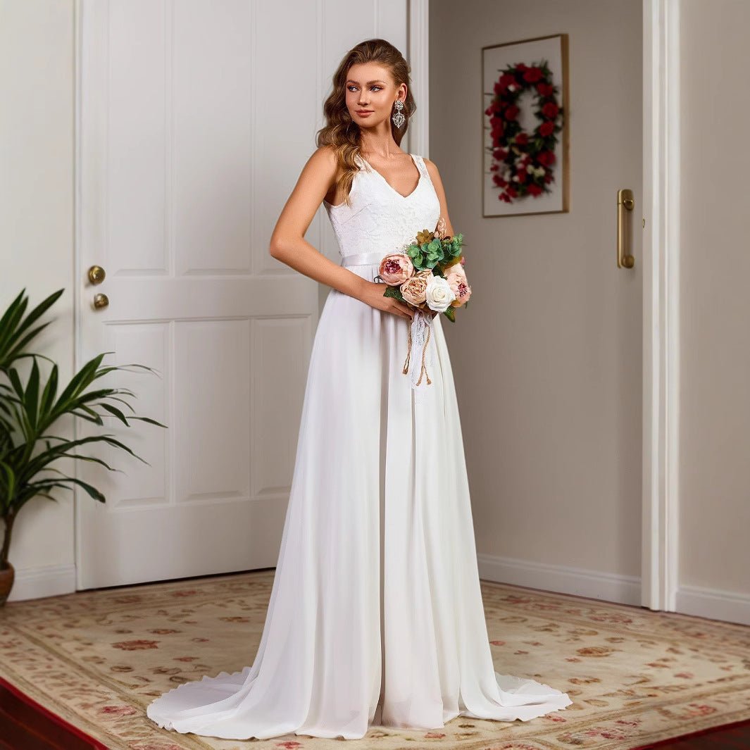 Elegant Western Style Sleeveless Evening Gown with Train, Simple Wedding Dress for Banquet and Ball - Luzilly Bridal & Apparel