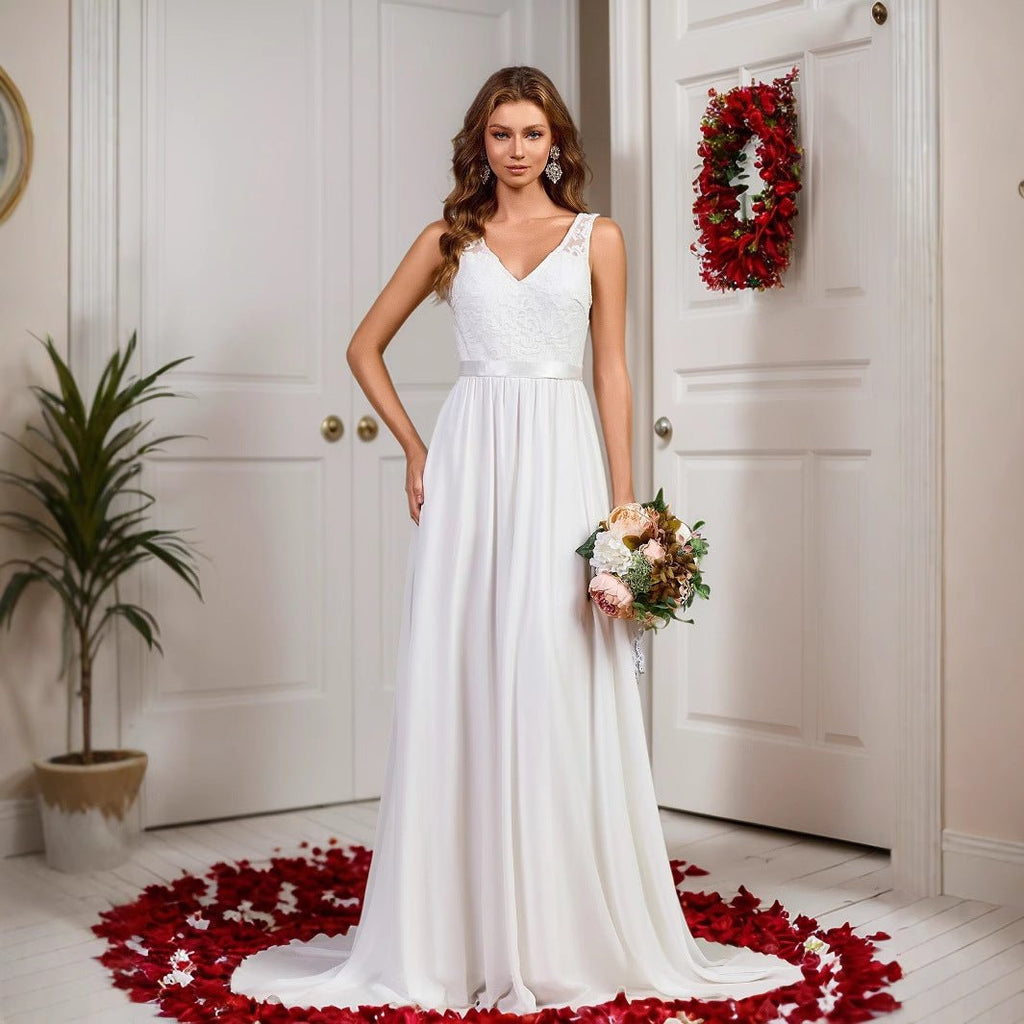 Elegant Western Style Sleeveless Evening Gown with Train, Simple Wedding Dress for Banquet and Ball - Luzilly Bridal & Apparel