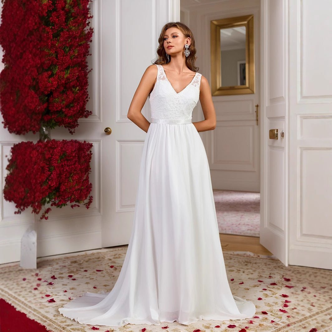 Elegant Western Style Sleeveless Evening Gown with Train, Simple Wedding Dress for Banquet and Ball - Luzilly Bridal & Apparel
