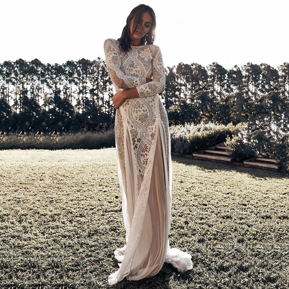 Elegant Women's Dress Round Neck Long Sleeve Hollow Back Lace Formal Evening Wedding Gown - Luzilly Bridal & Apparel