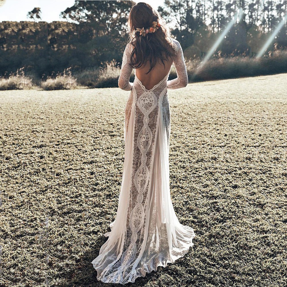 Elegant Women's Dress Round Neck Long Sleeve Hollow Back Lace Formal Evening Wedding Gown - Luzilly Bridal & Apparel