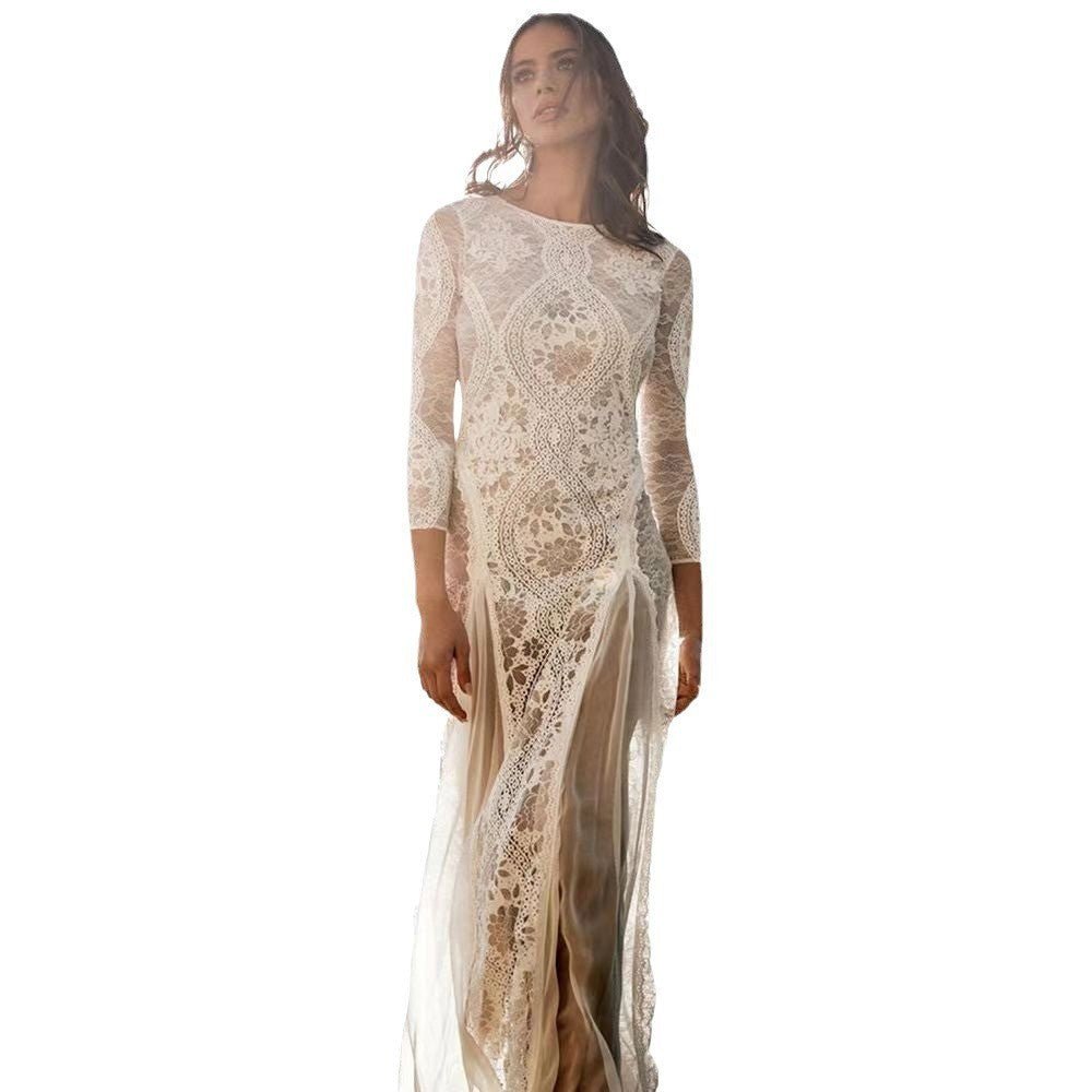Elegant Women's Dress Round Neck Long Sleeve Hollow Back Lace Formal Evening Wedding Gown - Luzilly Bridal & Apparel
