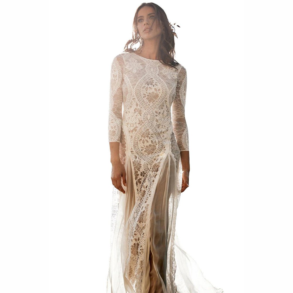 Elegant Women's Dress Round Neck Long Sleeve Hollow Back Lace Formal Evening Wedding Gown - Luzilly Bridal & Apparel