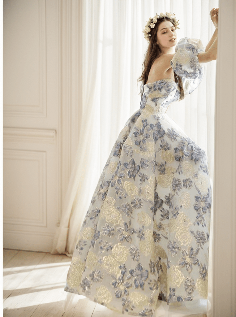 Elora - embroidery golden blue floral pattern off-the-shoulder Princess Prom Dress - Luzilly Bridal & Apparel