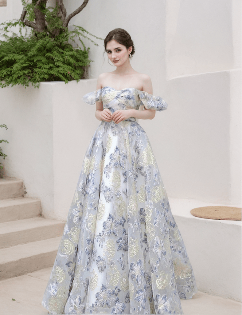 Elora - embroidery golden blue floral pattern off-the-shoulder Princess Prom Dress - Luzilly Bridal & Apparel