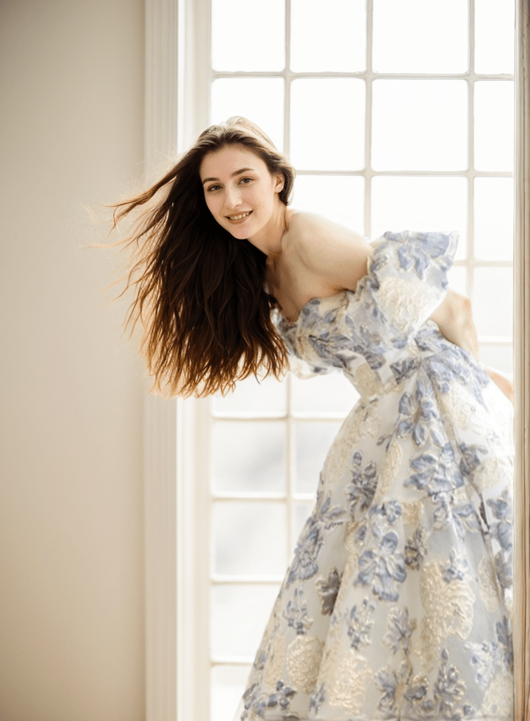 Elora - embroidery golden blue floral pattern off-the-shoulder Princess Prom Dress - Luzilly Bridal & Apparel