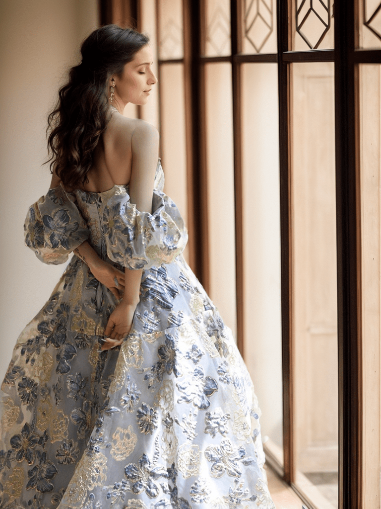 Elora - embroidery golden blue floral pattern off-the-shoulder Princess Prom Dress - Luzilly Bridal & Apparel