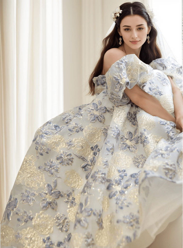 Elora - embroidery golden blue floral pattern off-the-shoulder Princess Prom Dress - Luzilly Bridal & Apparel