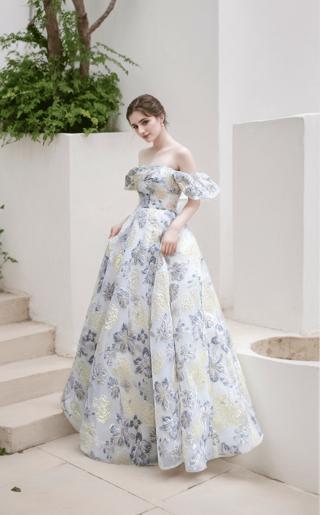 Elora - embroidery golden blue floral pattern off-the-shoulder Princess Prom Dress - Luzilly Bridal & Apparel