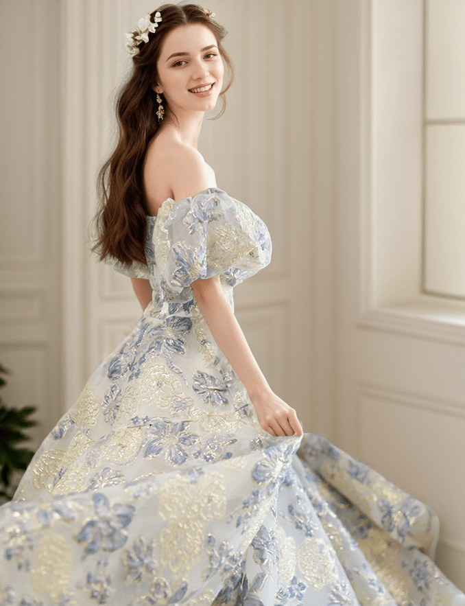 Elora - embroidery golden blue floral pattern off-the-shoulder Princess Prom Dress - Luzilly Bridal & Apparel