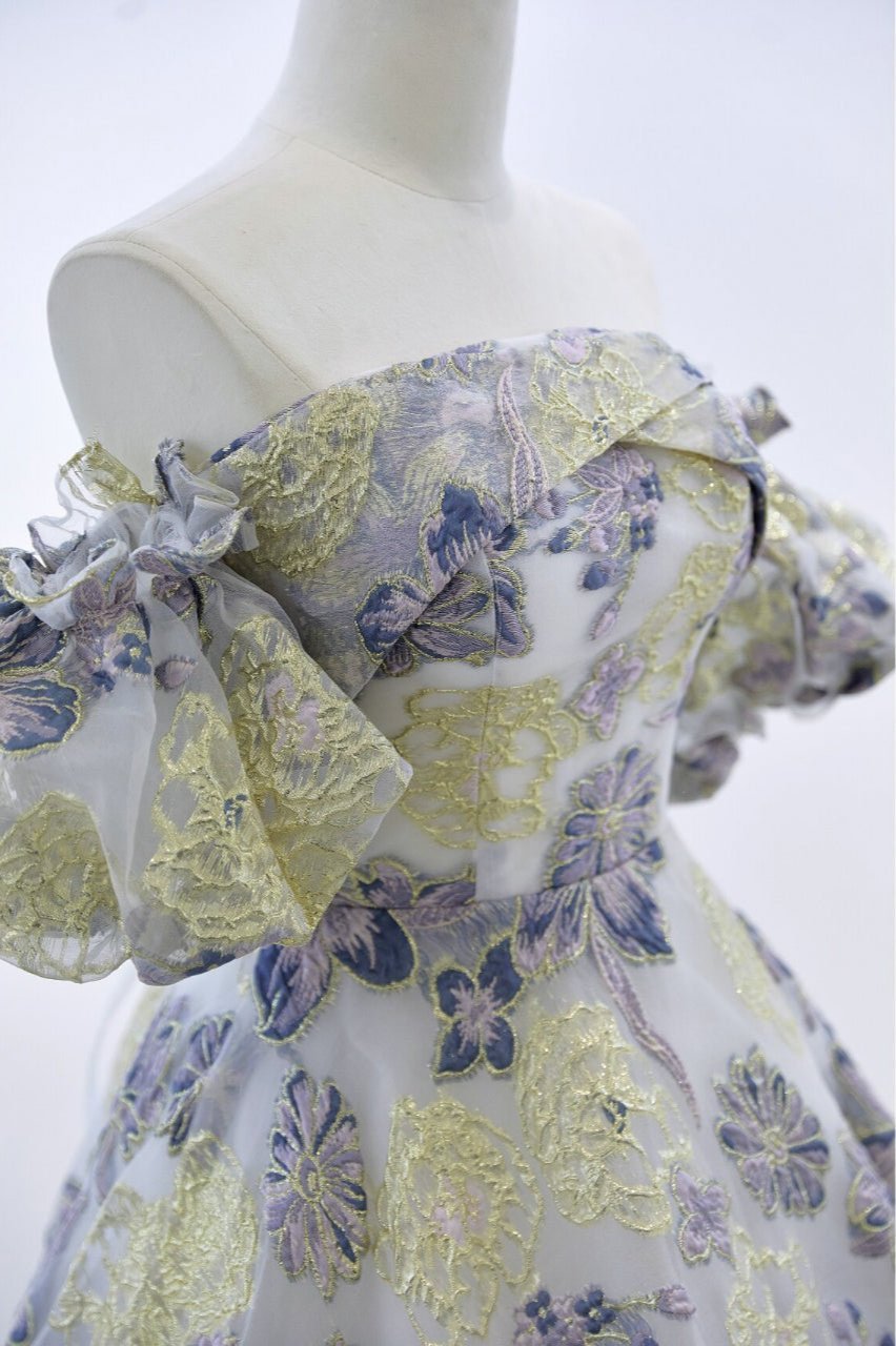 Elora - embroidery golden blue floral pattern off-the-shoulder Princess Prom Dress - Luzilly Bridal & Apparel