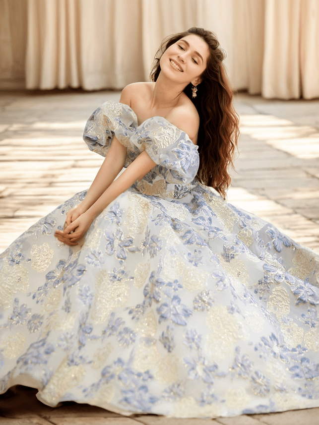 Elora - embroidery golden blue floral pattern off-the-shoulder Princess Prom Dress - Luzilly Bridal & Apparel