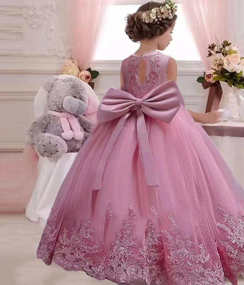Embroidered Bow Open-Back Girls Princess Dress - Luzilly Bridal & Apparel