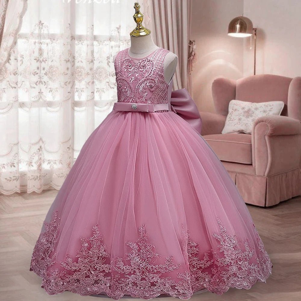 Embroidered Bow Open-Back Girls Princess Dress - Luzilly Bridal & Apparel
