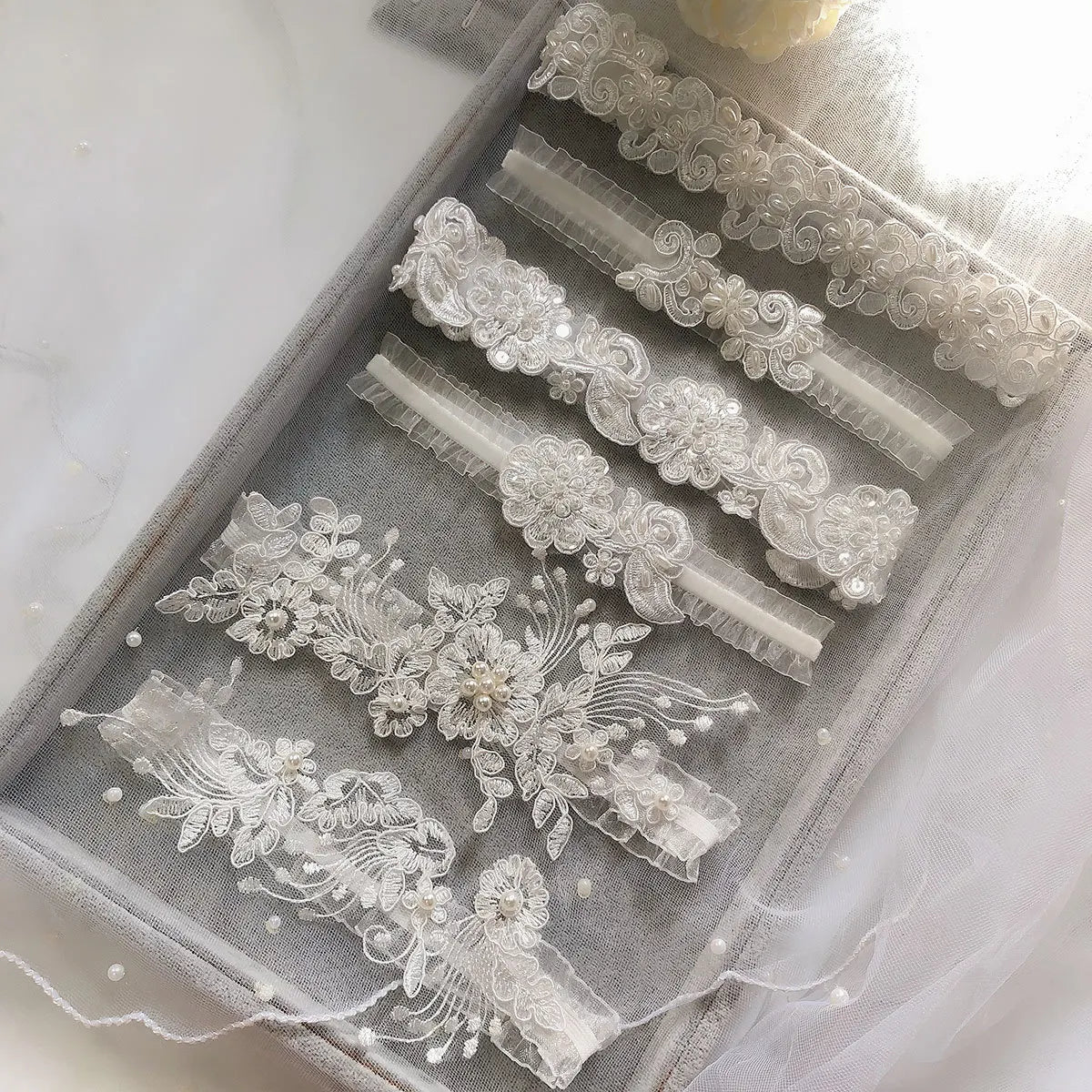 Embroidered Flower and Pearl Bridal Garter - Luzilly Bridal & Apparel