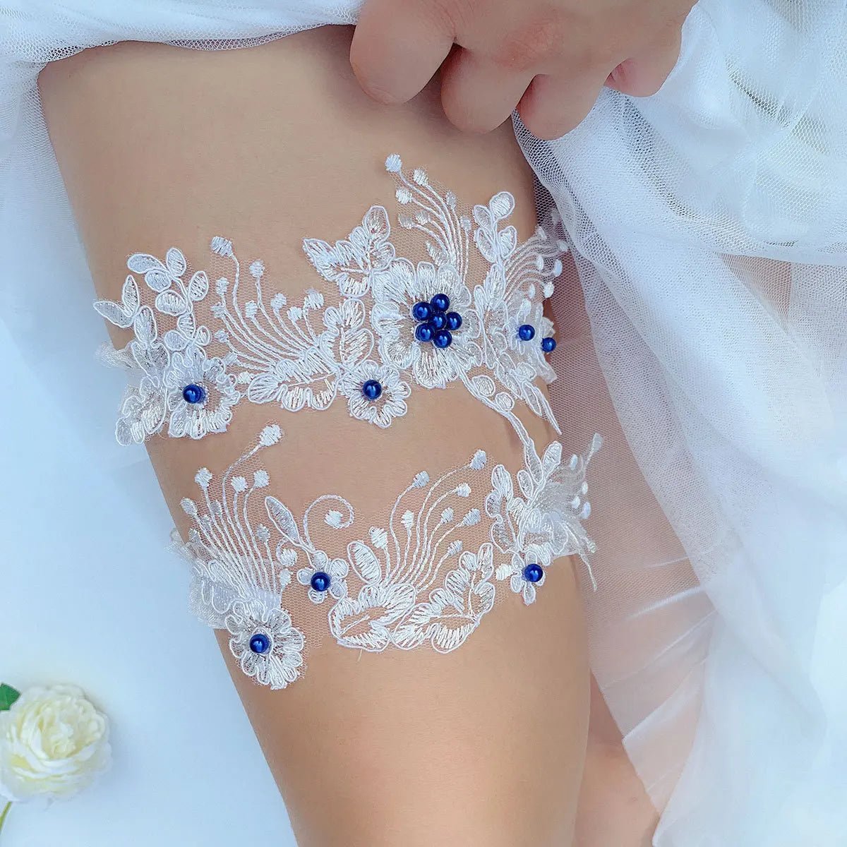 Embroidered Flower and Pearl Bridal Garter - Luzilly Bridal & Apparel