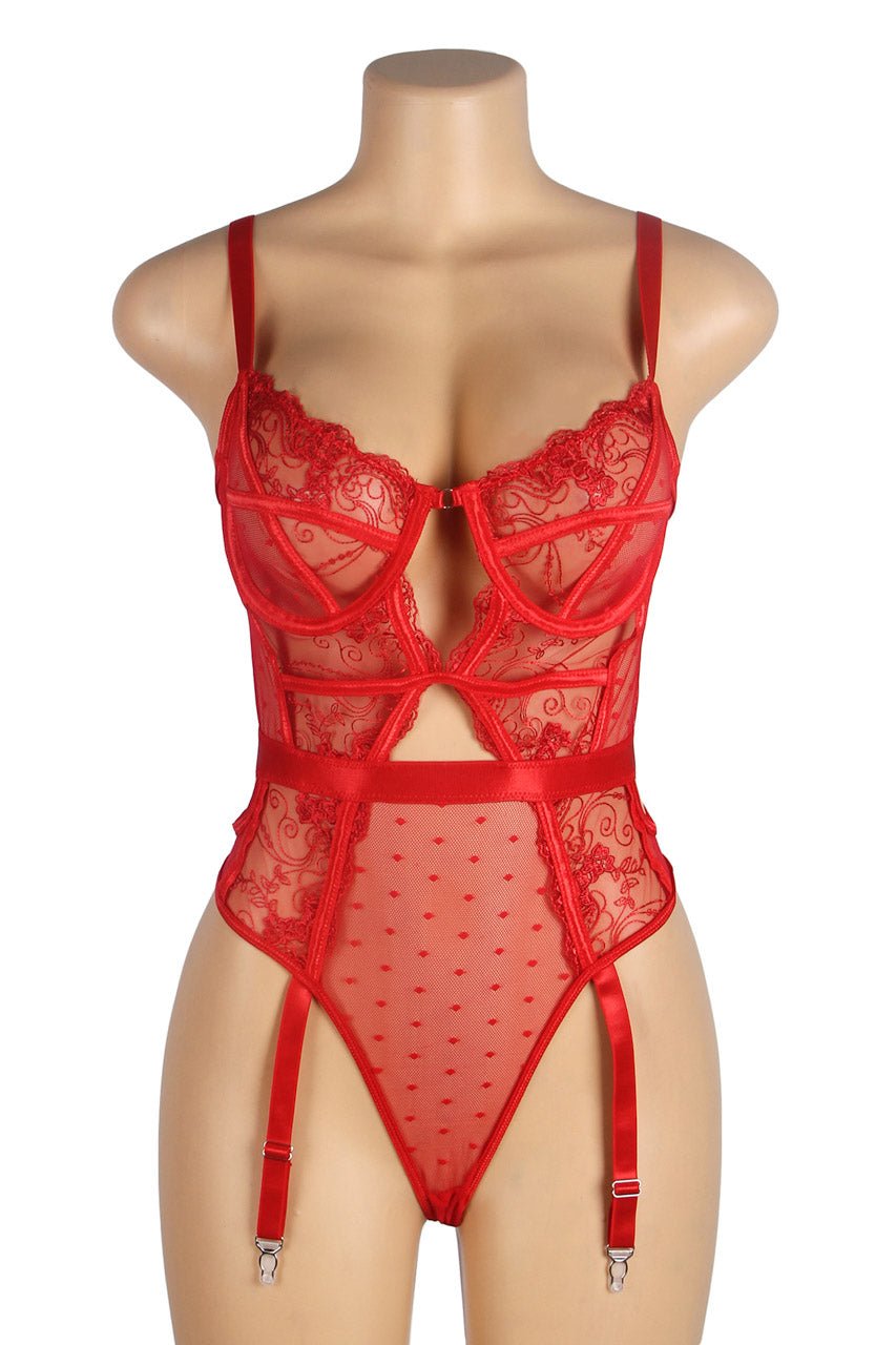 Embroidered Lace Hollow Cut Teddy Lingerie - Luzilly Bridal & Apparel