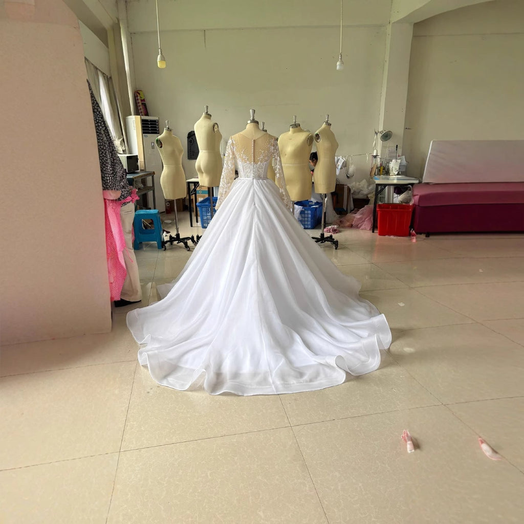 Embroidered Long Sleeve Off-the-shoulder Wedding Dress - Luzilly Bridal & Apparel