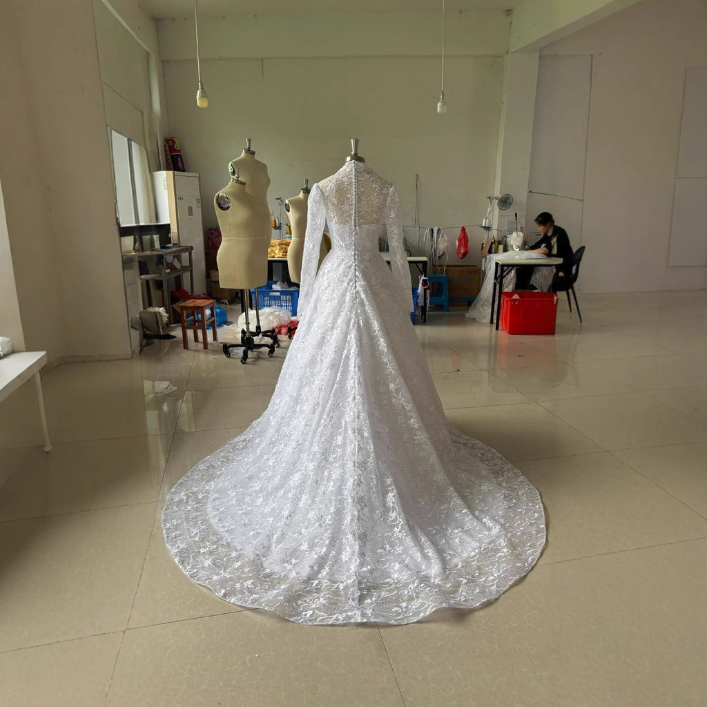 Embroidered Long Sleeve Trailing Wedding Dress - Luzilly Bridal & Apparel