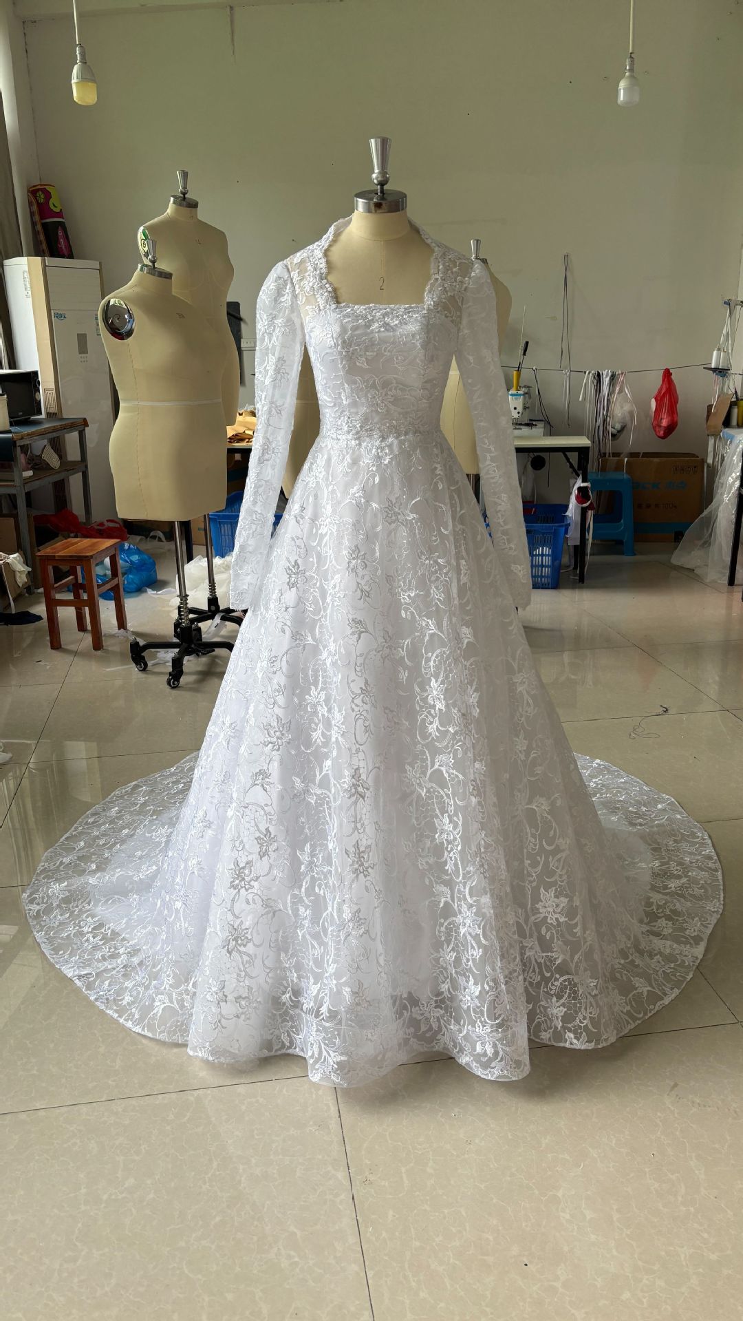 Embroidered Long Sleeve Trailing Wedding Dress - Luzilly Bridal & Apparel