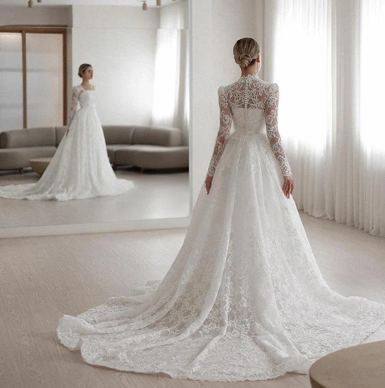 Embroidered Long Sleeve Trailing Wedding Dress - Luzilly Bridal & Apparel