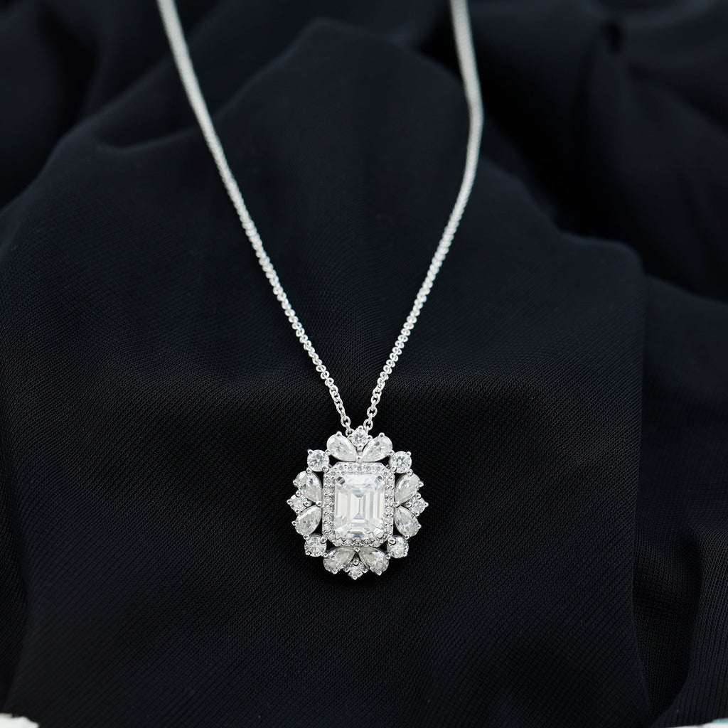 Emerald Cut 7X9 MM Moissanite Vintage Wedding Necklace In Silver - Luzilly Bridal & Apparel