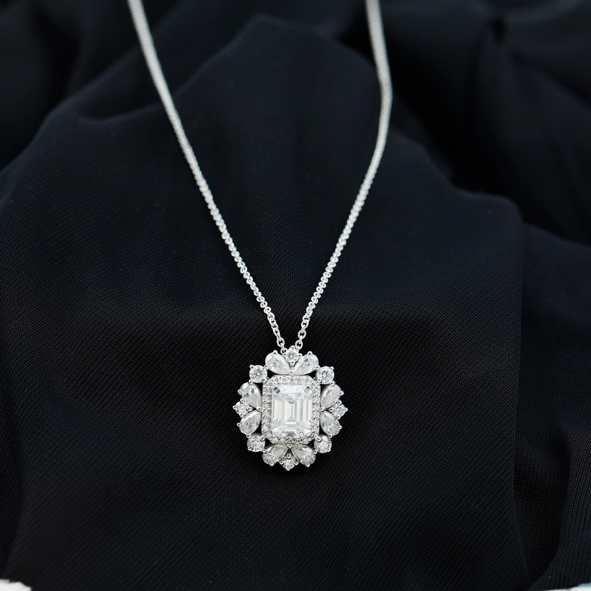 Emerald Cut 7X9 MM Moissanite Vintage Wedding Necklace In Silver - Luzilly Bridal & Apparel