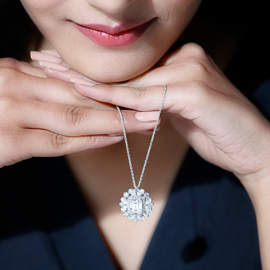 Emerald Cut 7X9 MM Moissanite Vintage Wedding Necklace In Silver - Luzilly Bridal & Apparel