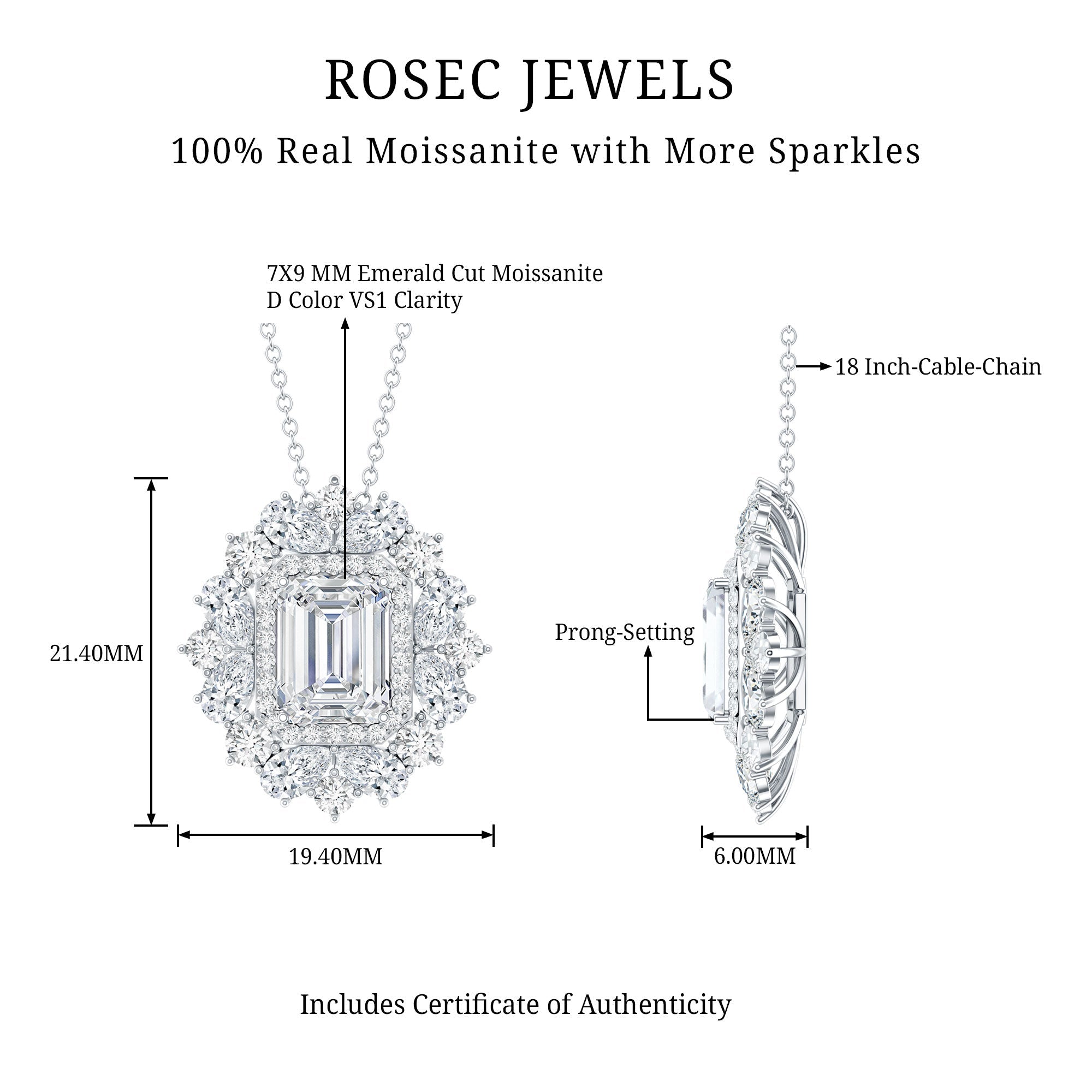 Emerald Cut 7X9 MM Moissanite Vintage Wedding Necklace In Silver - Luzilly Bridal & Apparel