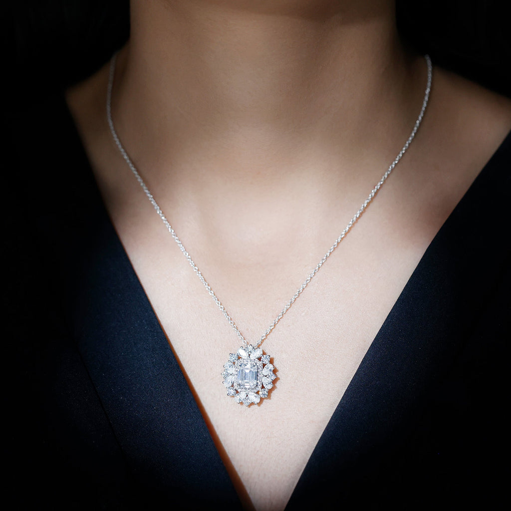 Emerald Cut 7X9 MM Moissanite Vintage Wedding Necklace In Silver - Luzilly Bridal & Apparel