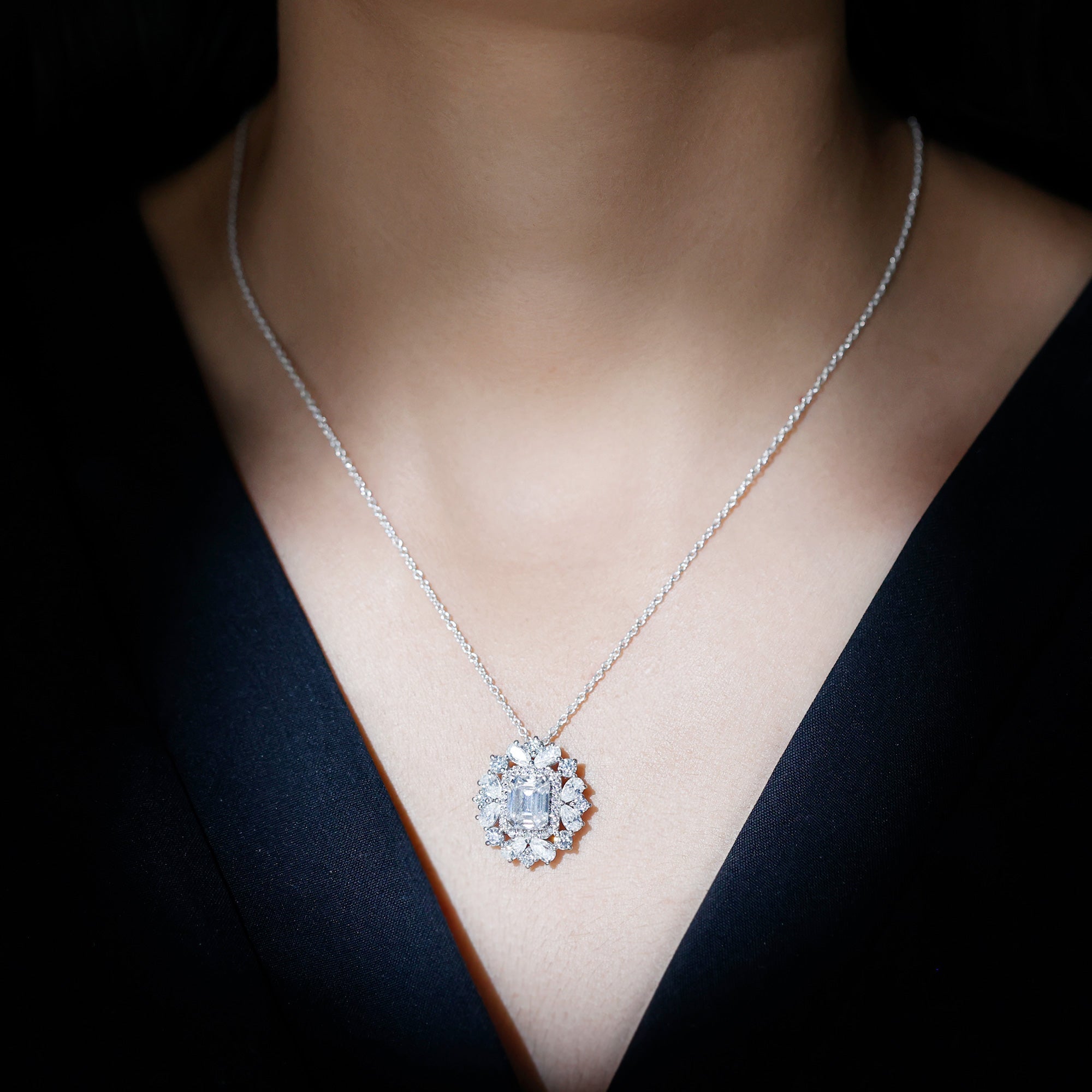Emerald Cut 7X9 MM Moissanite Vintage Wedding Necklace In Silver - Luzilly Bridal & Apparel