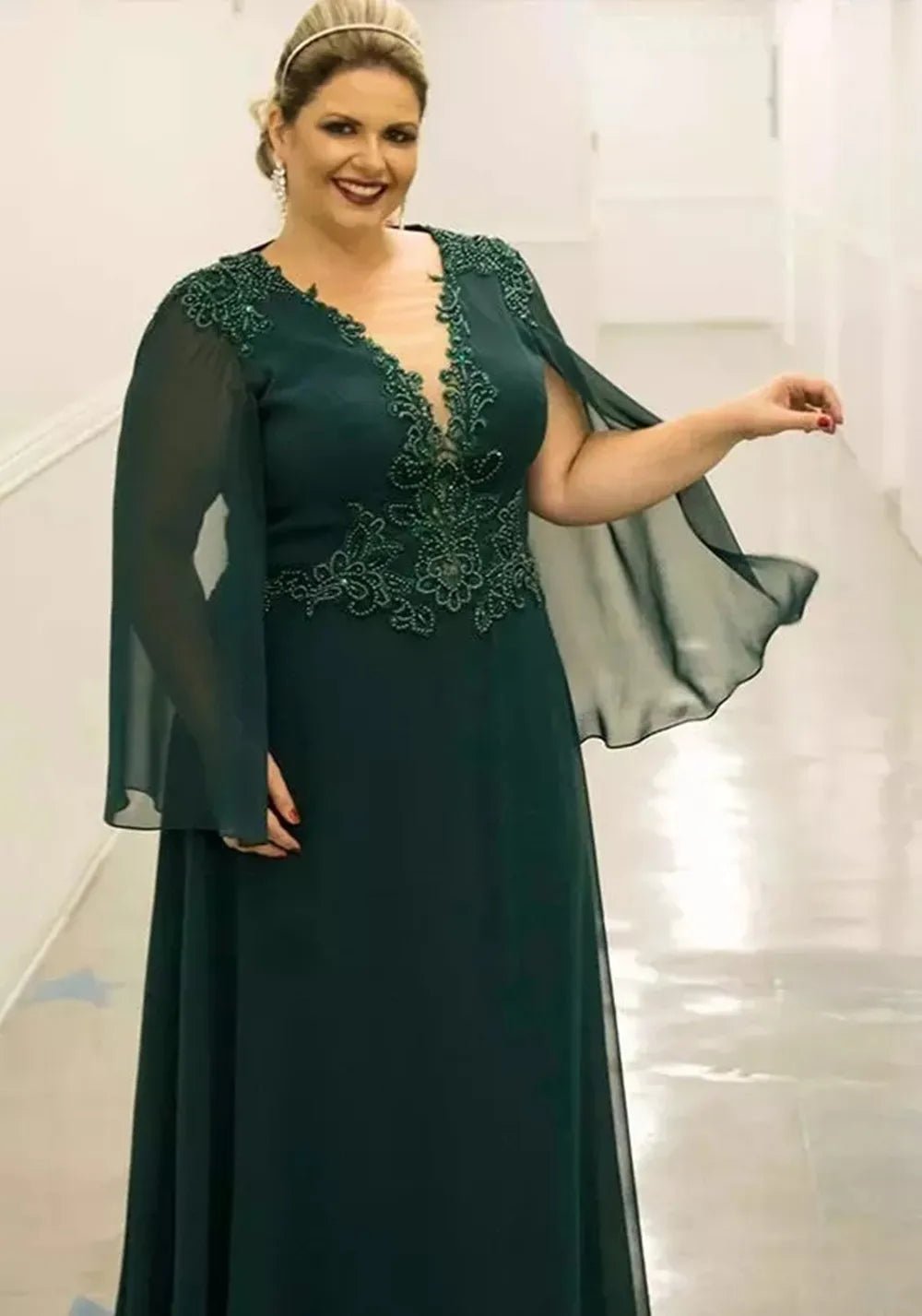 Emerald Green Beaded Full-Length Mother of the Bride Gown - Luzilly Bridal & Apparel