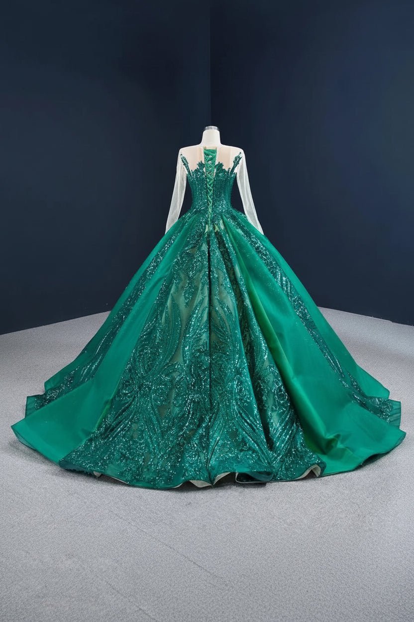 Emerald Green Sequin Lace Ball Gown Wedding Dress with Long Sleeves - Luzilly Bridal & Apparel