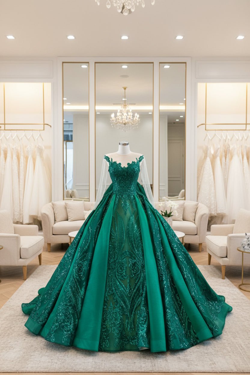 Emerald Green Sequin Lace Ball Gown Wedding Dress with Long Sleeves - Luzilly Bridal & Apparel