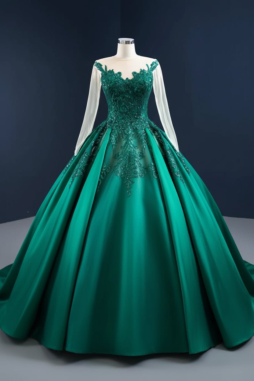 Emerald Green Sequin Lace Ball Gown Wedding Dress with Long Sleeves - Luzilly Bridal & Apparel