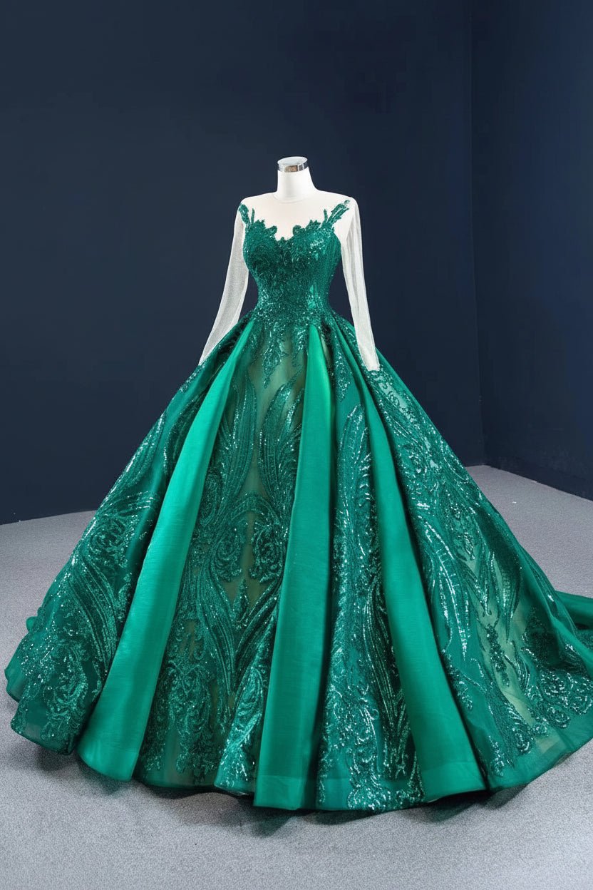 Emerald Green Sequin Lace Ball Gown Wedding Dress with Long Sleeves - Luzilly Bridal & Apparel