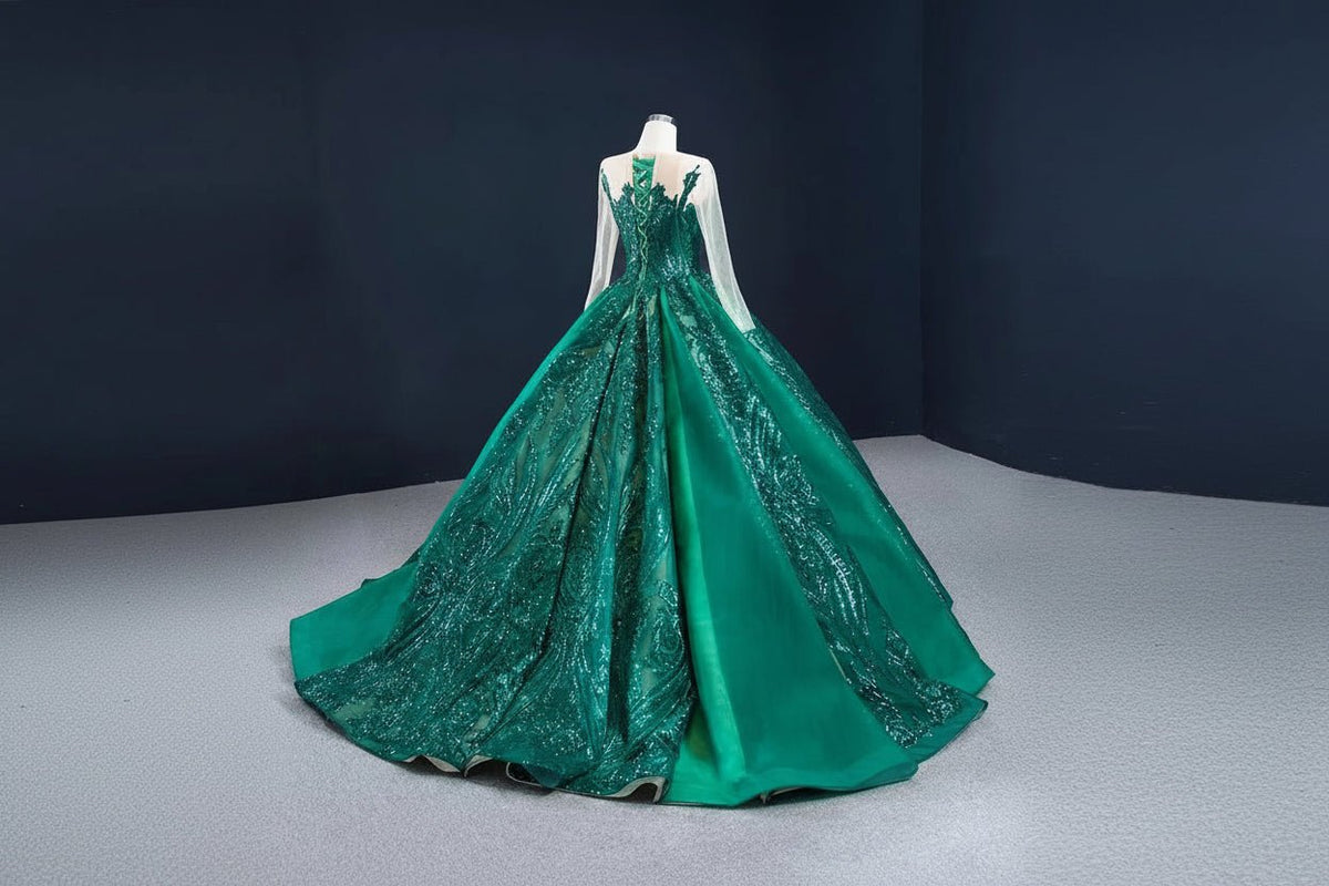 Emerald Green Sequin Lace Ball Gown Wedding Dress with Long Sleeves - Luzilly Bridal & Apparel