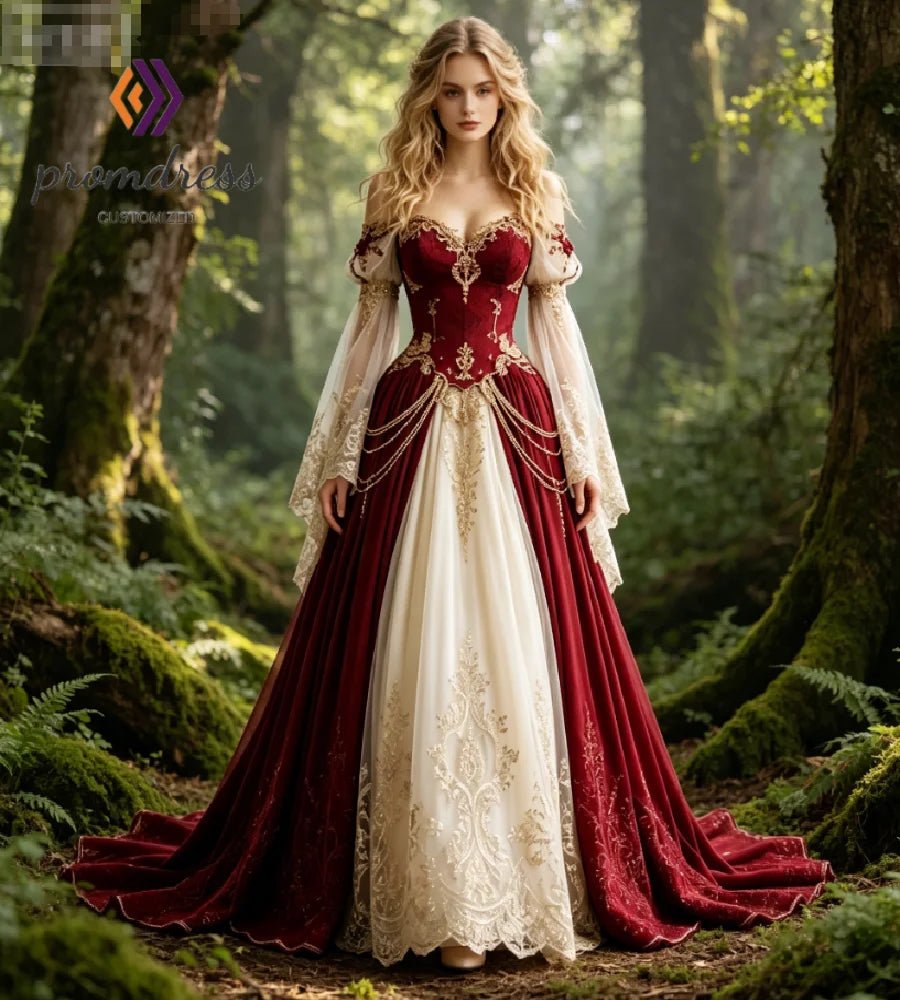 Enchanted Forest Red Velvet Medieval Wedding Dress 2026 Off Shoulder Victorian Celestial Whimsigoth Bridal Gowns Ombre Cosplay - Luzilly Bridal & Apparel