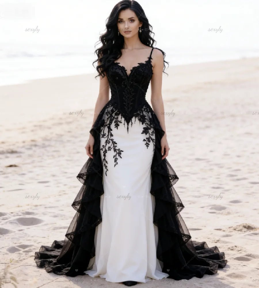 Enchanting Black And White Mermaid Gothic Wedding Dress 2026 Elegant Spaghetti Straps Tiered Tulle Lace Beach Bridal Gowns Ombre - Luzilly Bridal & Apparel