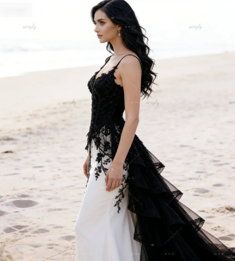 Enchanting Black And White Mermaid Gothic Wedding Dress 2026 Elegant Spaghetti Straps Tiered Tulle Lace Beach Bridal Gowns Ombre - Luzilly Bridal & Apparel