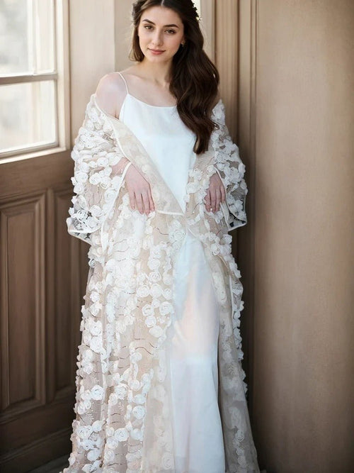 Ethereal 3D Floral Lace Bridal Robe – Elegant Sheer Wedding Cover-Up - Luzilly Bridal & Apparel
