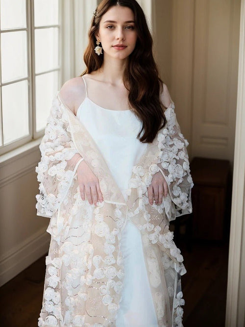 Ethereal 3D Floral Lace Bridal Robe – Elegant Sheer Wedding Cover-Up - Luzilly Bridal & Apparel