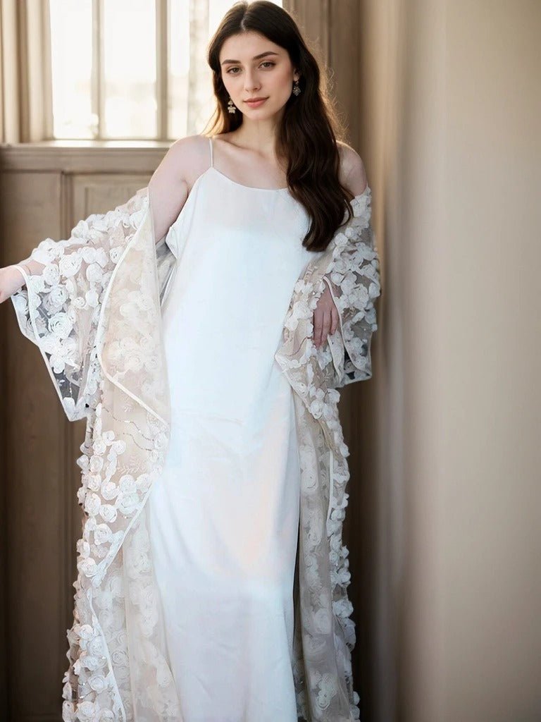 Ethereal 3D Floral Lace Bridal Robe – Elegant Sheer Wedding Cover-Up - Luzilly Bridal & Apparel