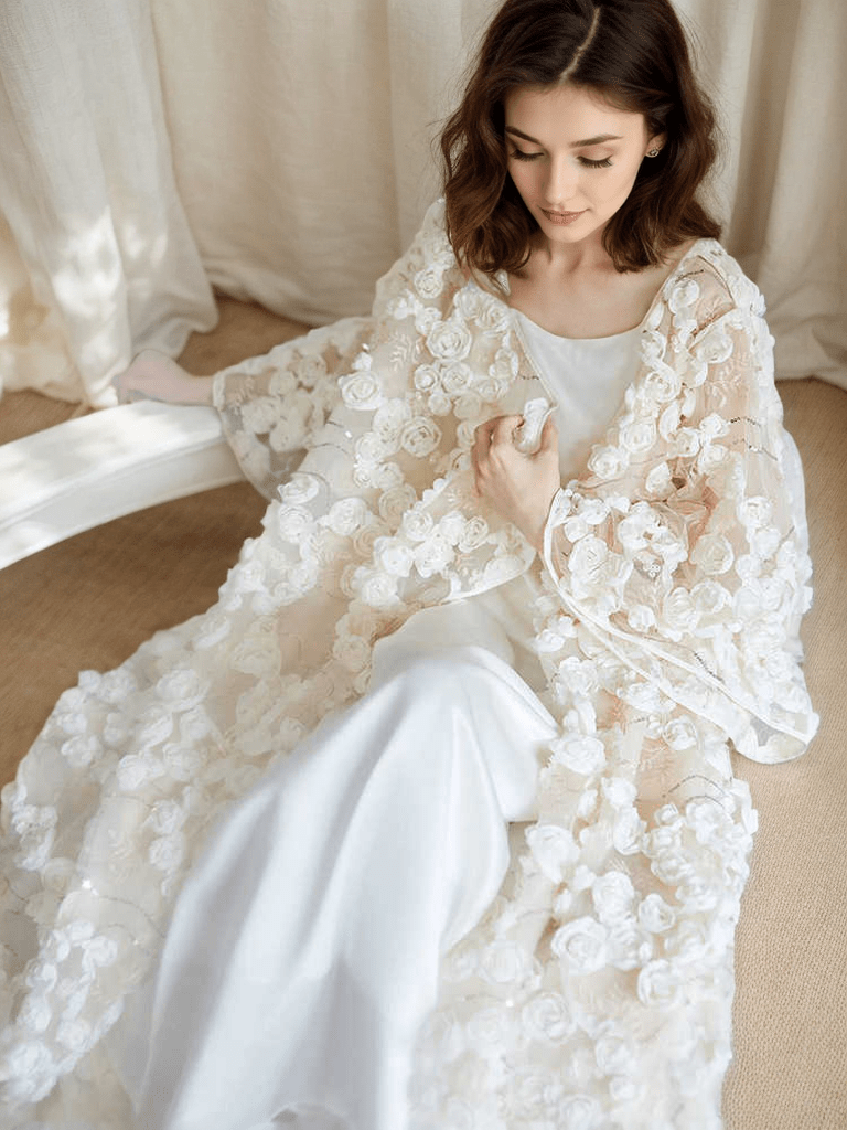Ethereal 3D Floral Lace Bridal Robe – Elegant Sheer Wedding Cover-Up - Luzilly Bridal & Apparel