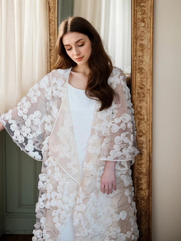 Ethereal 3D Floral Lace Bridal Robe – Elegant Sheer Wedding Cover-Up - Luzilly Bridal & Apparel