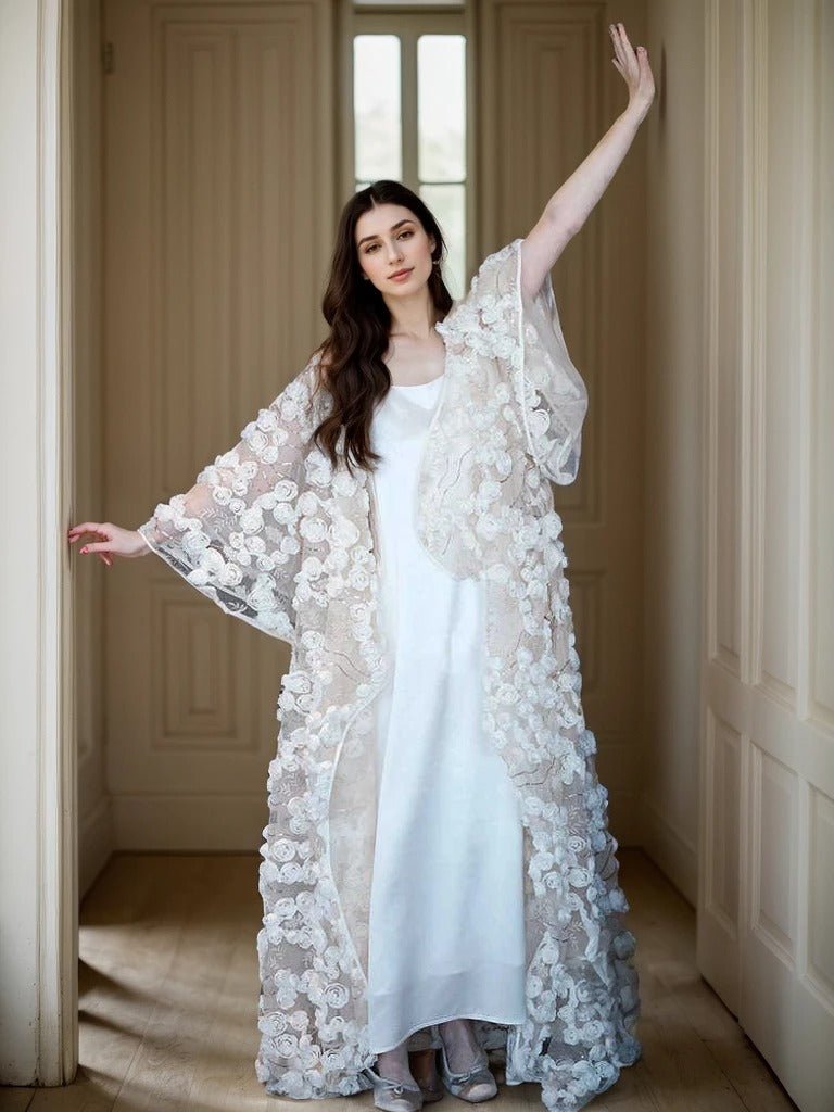 Ethereal 3D Floral Lace Bridal Robe – Elegant Sheer Wedding Cover-Up - Luzilly Bridal & Apparel